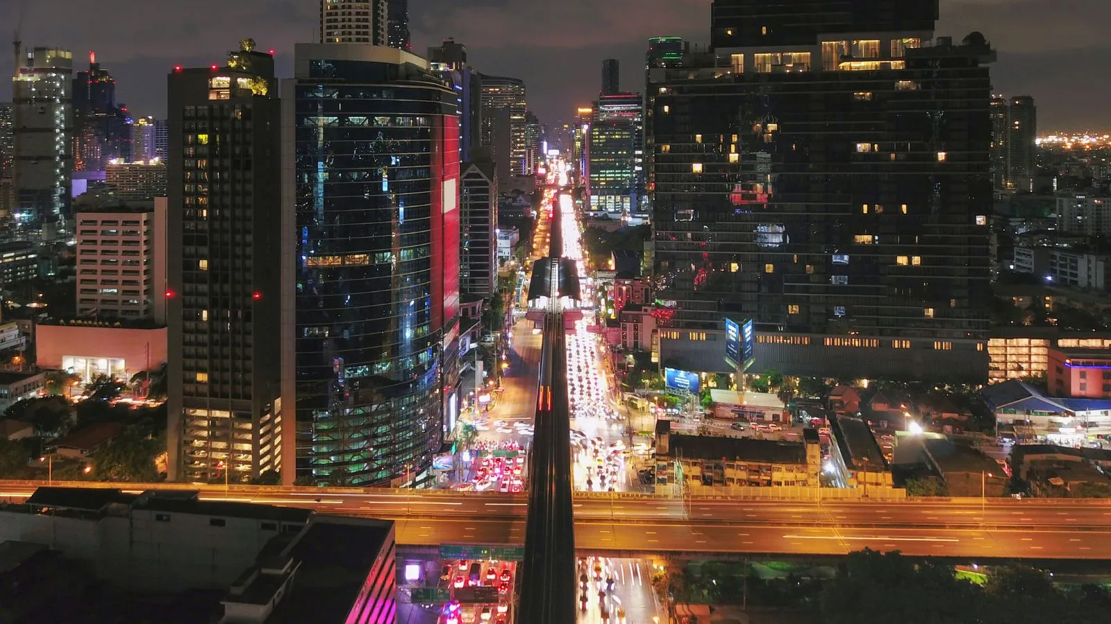 Sukhumvit Road and the BTS line lit up at night