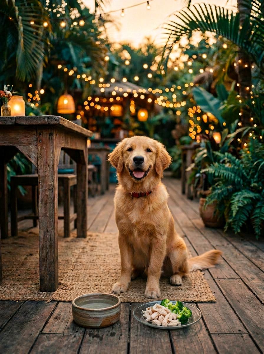 A golden retriever at The Deck garden