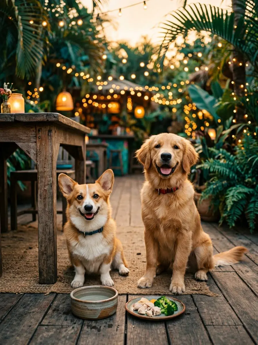 A corgi and golden retriever at The Deck