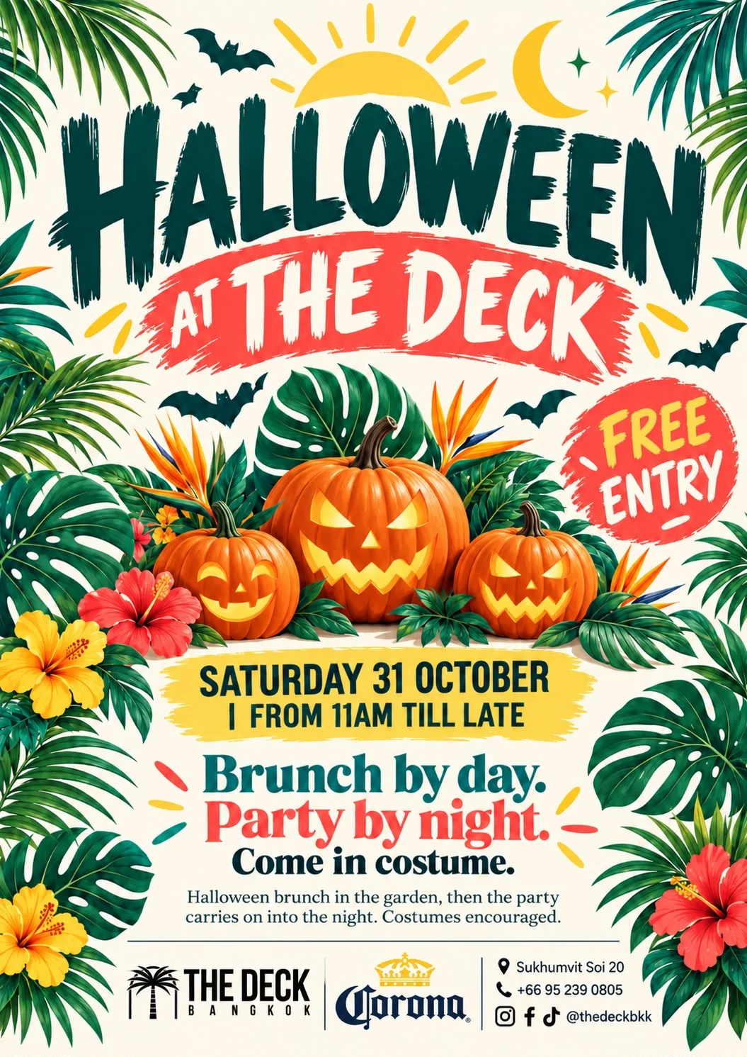 Halloween at The Deck poster: Saturday 31 October, free entry, brunch by day and party by night