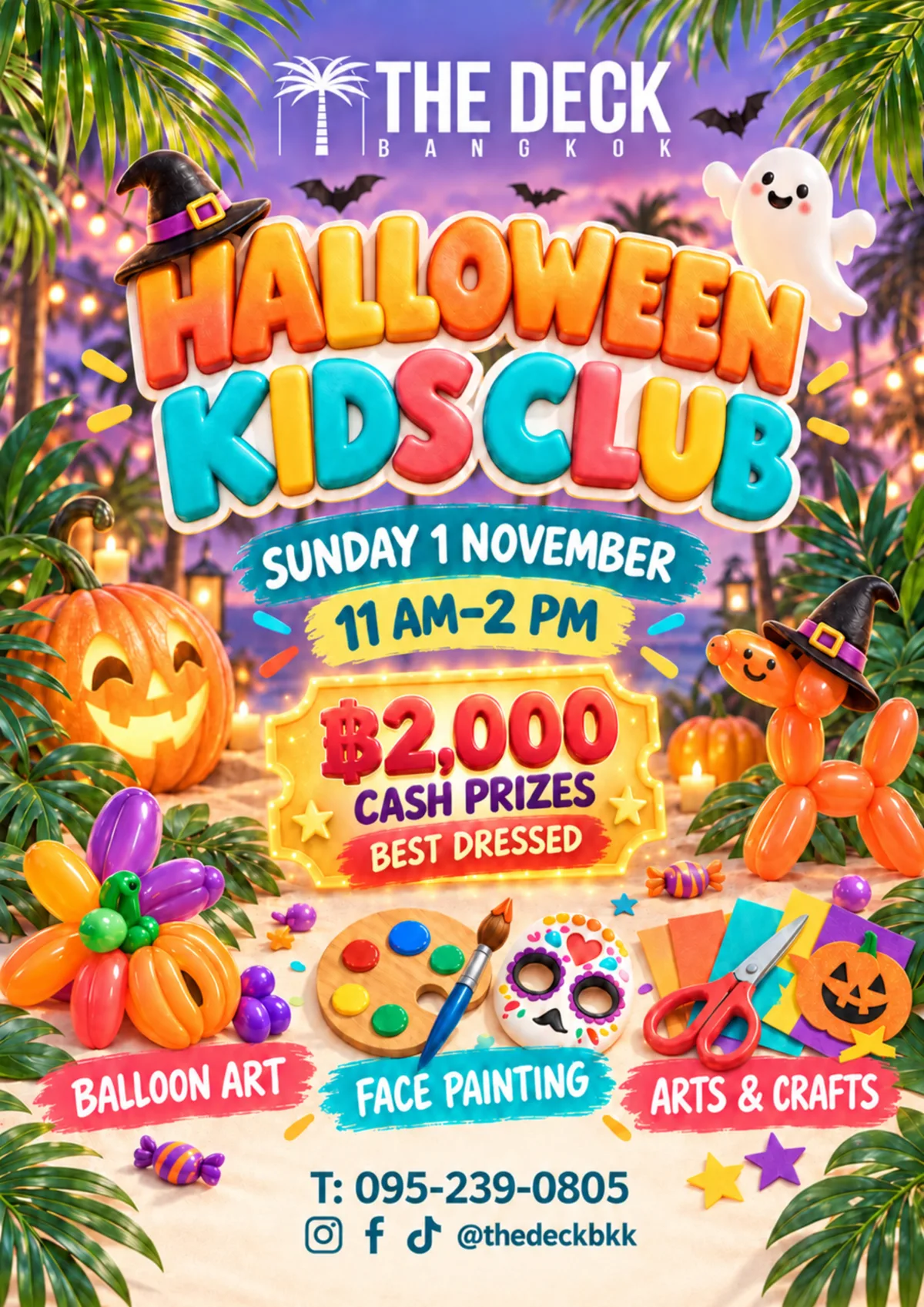Halloween Kids Club poster: Sunday 1 November, 11am to 2pm, 2,000 baht cash prizes for best dressed, balloon art, face painting, arts and crafts