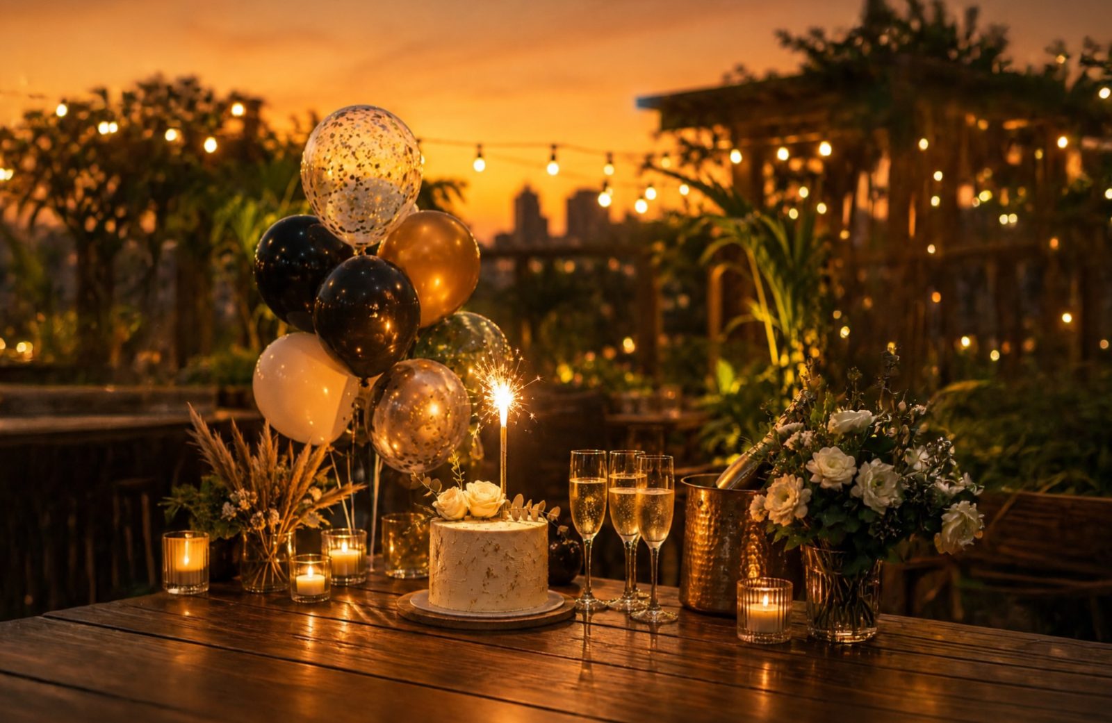 A birthday table at The Deck Bangkok at sunset