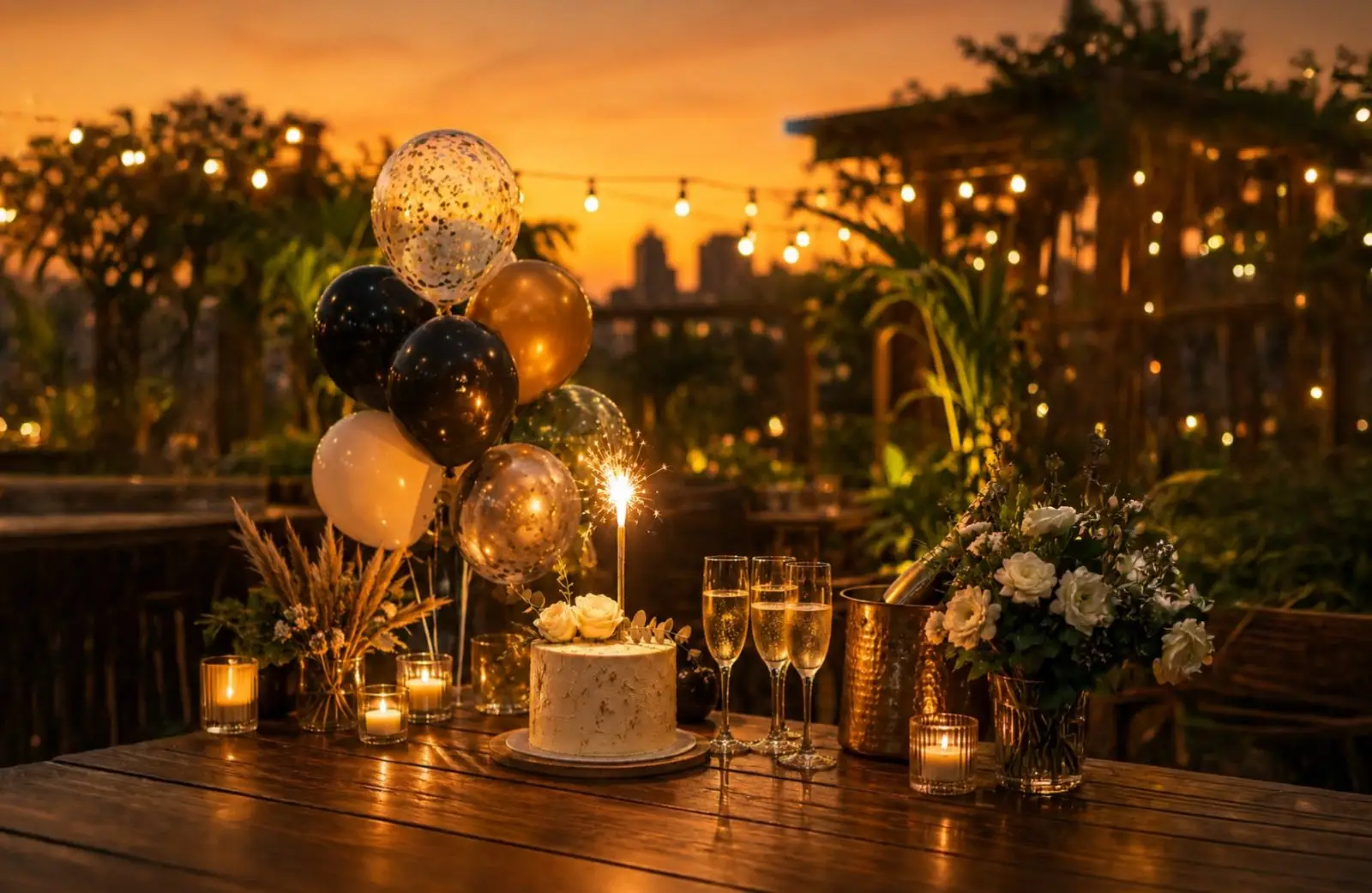 A birthday table at The Deck Bangkok at sunset